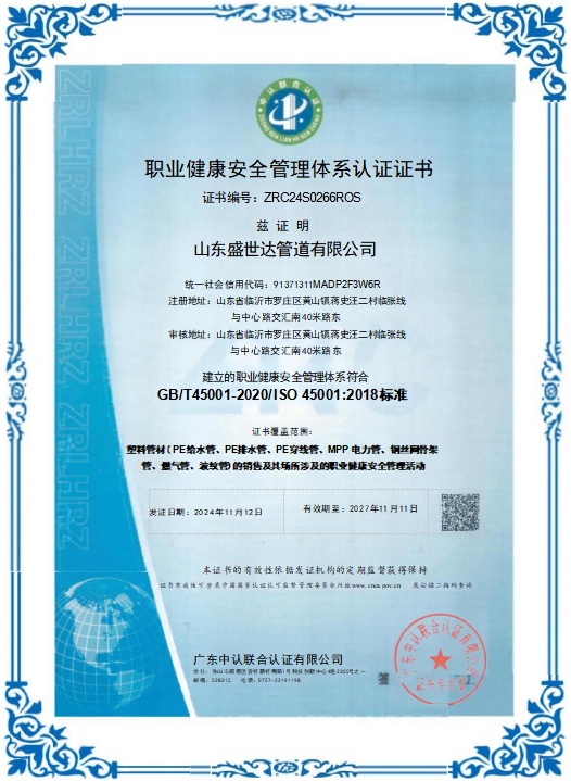 职业健康安全管理体系认证证书